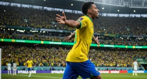 Jogadores da Seleção Brasileira comemorando a conquista do pentacampeonato mundial, segurando a taça da Copa do Mundo e a bandeira do Brasil.