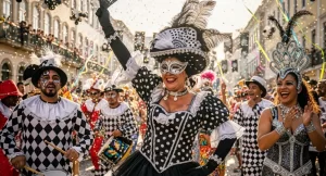 Foliões fantasiados dançando durante o Cordão da Bola Preta no Carnaval do Rio de Janeiro